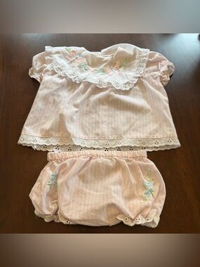 Vintage Pink Diaper Cover Set with Embroidered Collar little by little 0-6 month